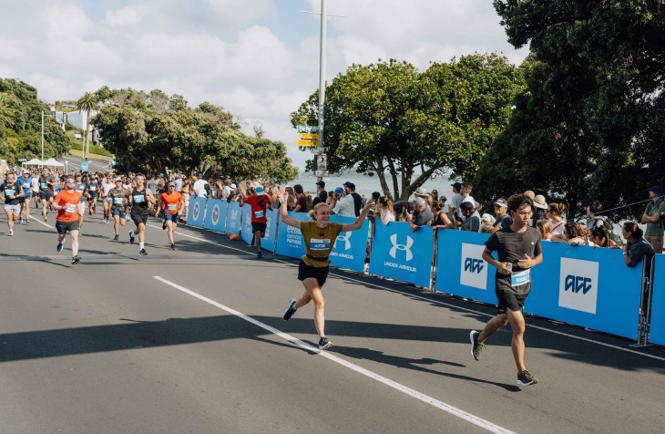 A couple of runners approaching the finish line in Round the Bays. 