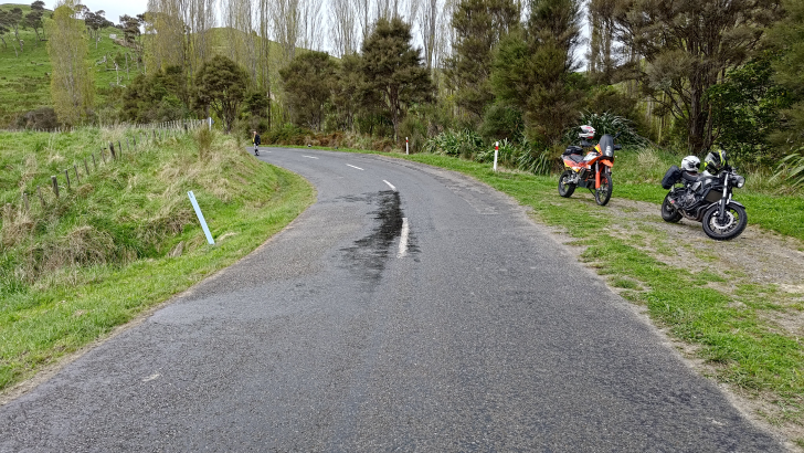 The tar bleed on the corner where Steve suffered his accident.